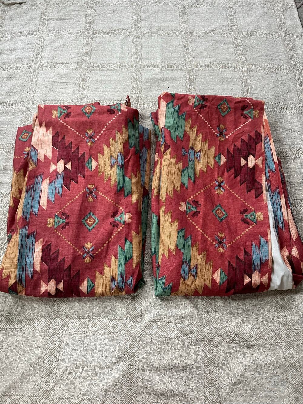 Vintage custom drapes lined pinch pleat Southwestern kilim traditional set pair
